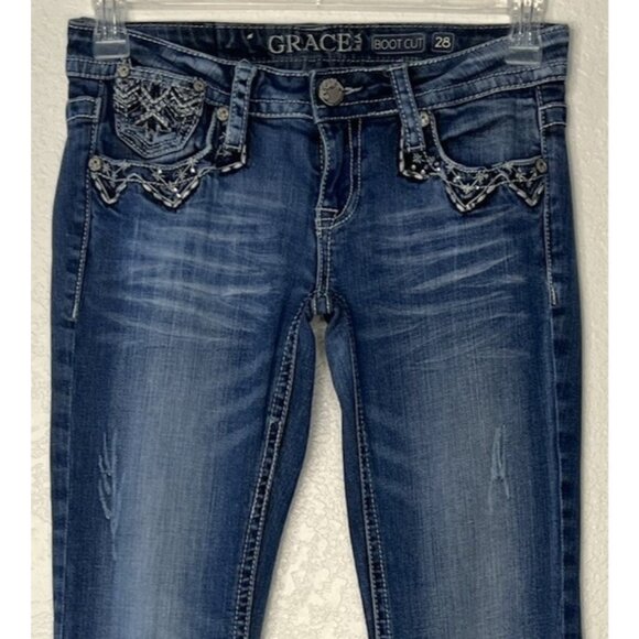 GRACE In LA Bootcut Embellished Jeans Sz 28 Tag Low Rise - Picture 3 of 14